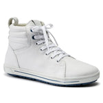 White high-top leather sneaker with laces and padded ankle, side view on clean background