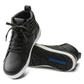 Black leather high-top sneakers with textured sole and lace-up front, Birkenstock logo visible
