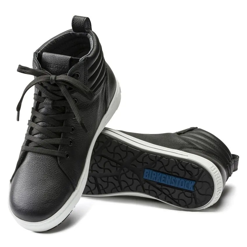 Black leather high-top sneakers with textured sole and lace-up front, Birkenstock logo visible