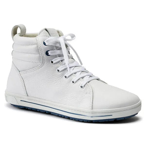 White leather high-top medical shoe with laces and cushioned ankle support