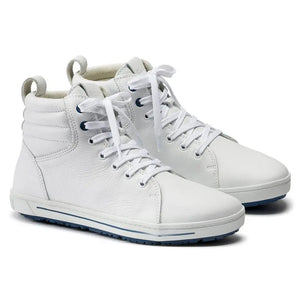 Pair of white leather high-top shoes with white laces and textured soles on white background