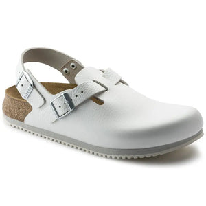 White leather clog with adjustable buckle strap and non-slip sole for medical professionals