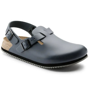 Blue medical clog with adjustable straps, slip-resistant sole, and ergonomic footbed
