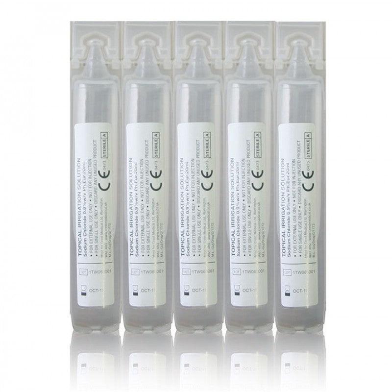 Box of 25 Blue Dot 20ml eye wash pods with individual clear plastic containers for eye cleaning and soothing.