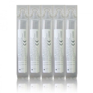 Box of 25 Blue Dot 20ml eye wash pods with individual clear plastic containers for eye cleaning and soothing.