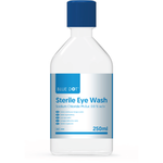 250ml Blue Dot emergency eye wash solution in a clear plastic bottle with blue labeling, designed for first aid eye rinsing.