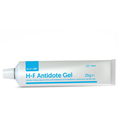 Blue Dot HF Antidote Gel in a 25g tube with blue dot branding, used for medical or first aid purposes.