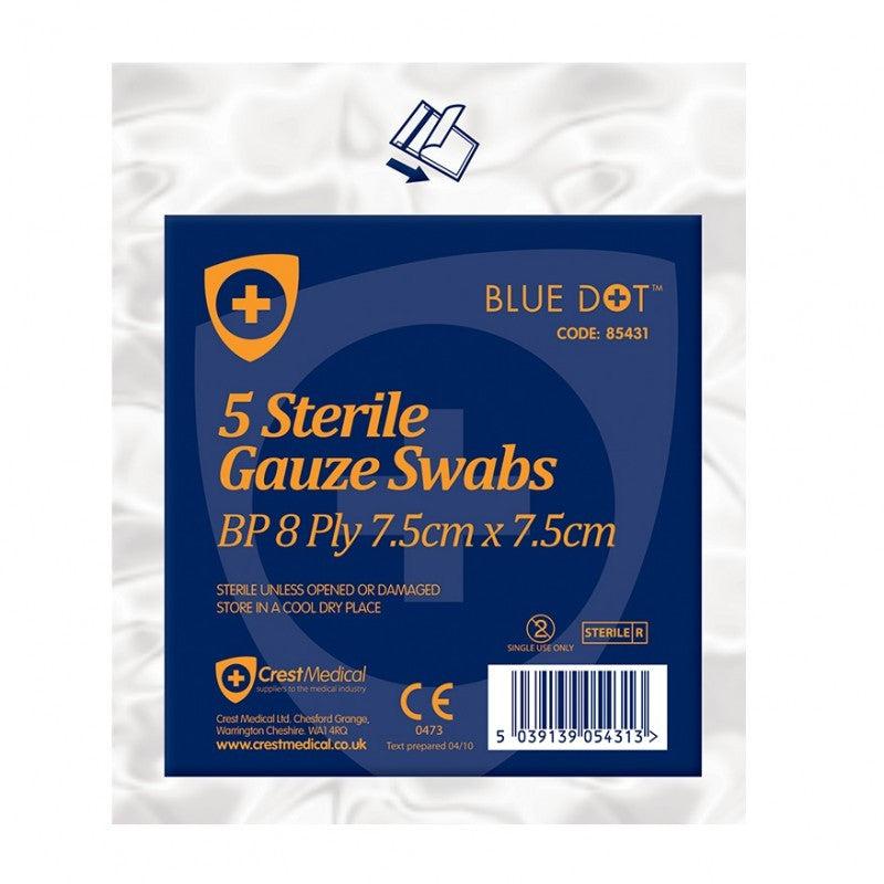 Blue Dot sterile gauze swabs, 7.5cm x 7.5cm, pack of 5, showing soft, sterile medical gauze with blue dots.