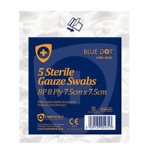 Blue Dot sterile gauze swabs, 7.5cm x 7.5cm, pack of 5, showing soft, sterile medical gauze with blue dots.