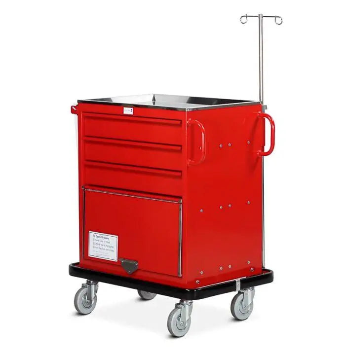 Bristol Maid WT250 mild steel resuscitation trolley with four 70mm drawers, one 155mm drawer, lower cupboard, in a clinical setting