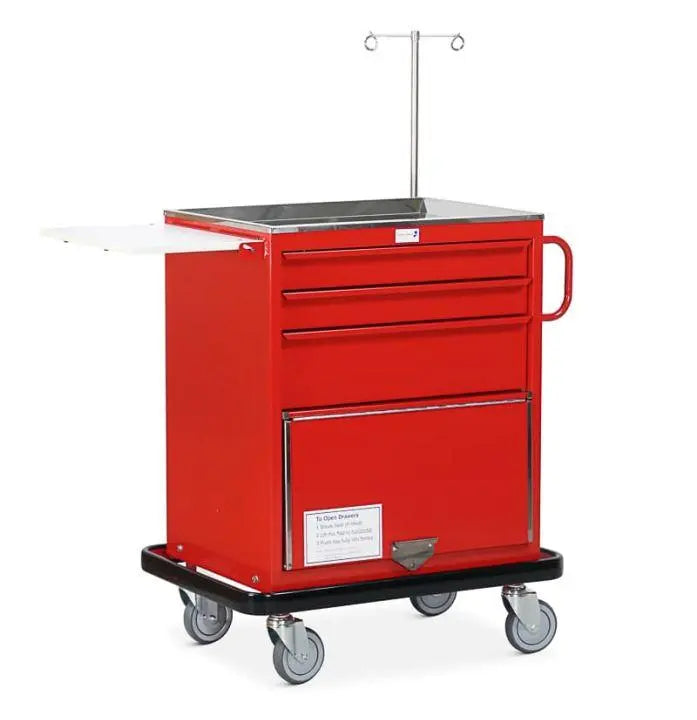 Bristol Maid WT250 mild steel resuscitation trolley with four small drawers, a large drawer, lower cupboard, and metal frame.