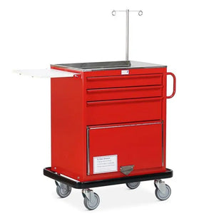 Bristol Maid WT250 mild steel resuscitation trolley with four small drawers, a large drawer, lower cupboard, and metal frame.