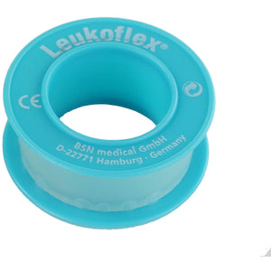 BSN Leukoflex waterproof adhesive tape roll, 1.25cm by 5m, showing the flexible, transparent medical tape for wound care and securement.