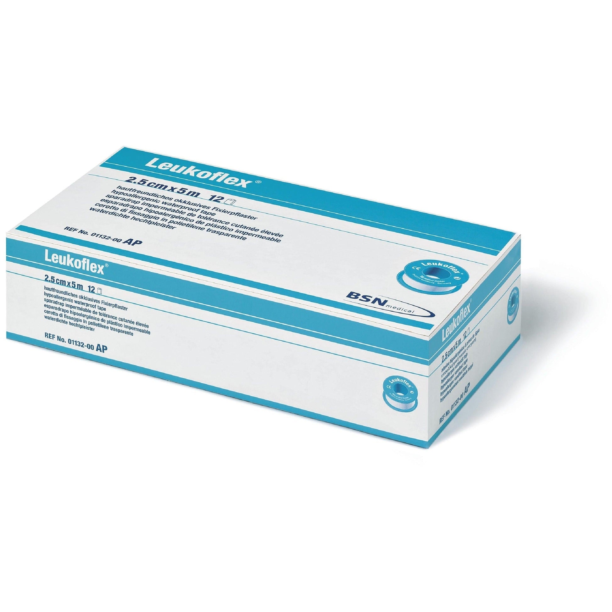 Leukoflex waterproof adhesive tape by BSN, 1.25cm x 5m roll, shown in a close-up view of the flexible, clear medical tape.