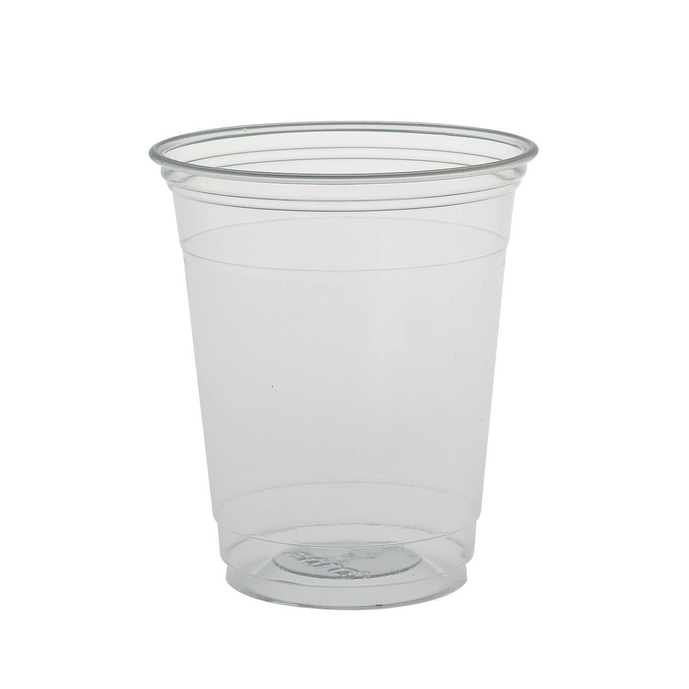12-14oz Ultraclear flat lid for cups, made by Bunzl Catering Supplies, shown on a clean, transparent lid with smooth edges.