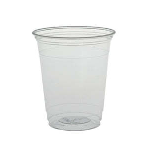 12-14oz Ultraclear flat lid for cups, made by Bunzl Catering Supplies, shown on a clean, transparent lid with smooth edges.