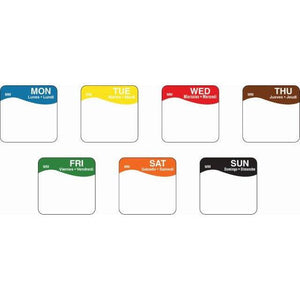 3/4-inch Dissolve-A-Way Square Label 7 Day Kit by Bunzl Catering Supplies, showing white labels and dissolvable markers.