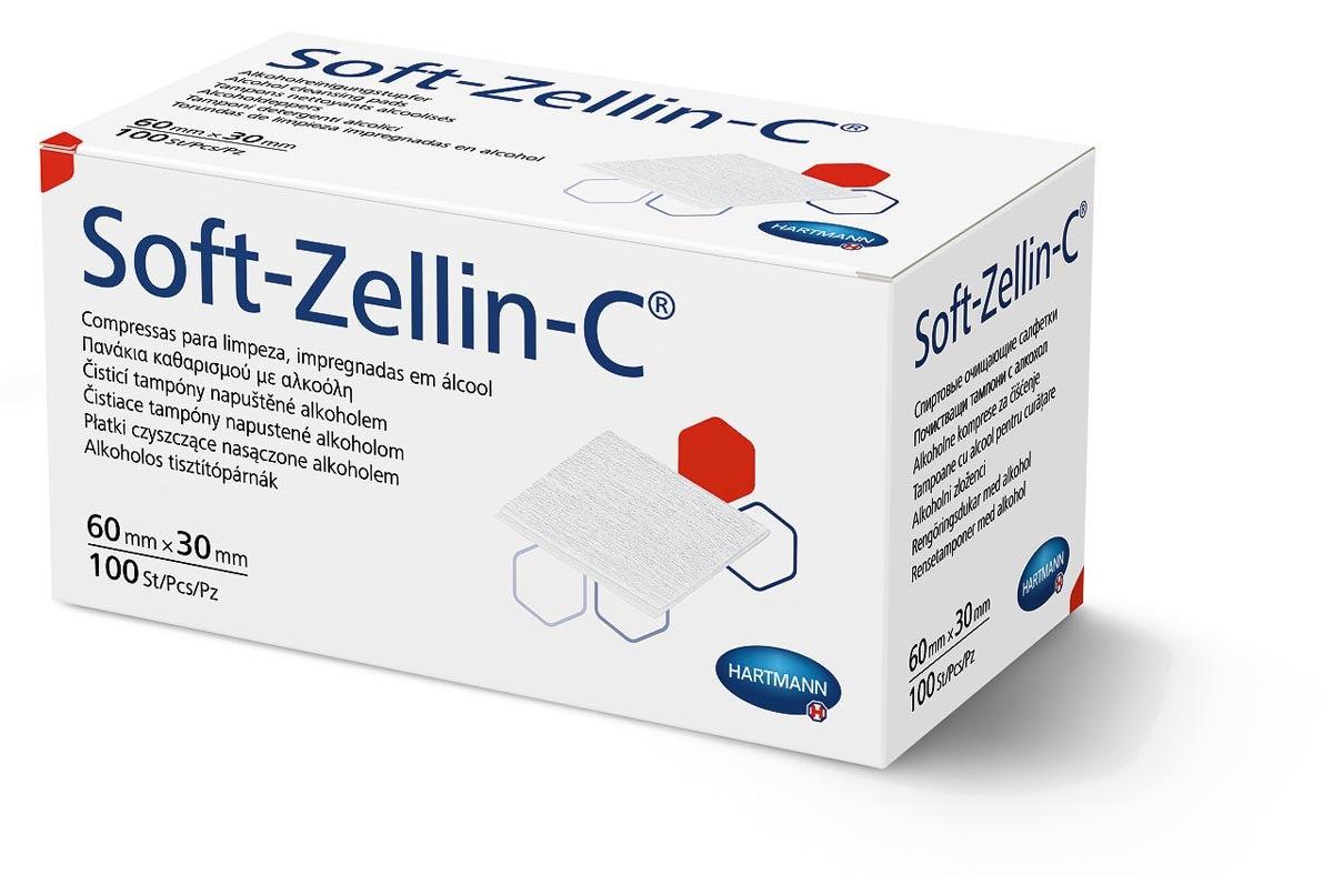 Pack of 100 soft Zellin-C medical foam sheets, 60mm x 30mm, by Careymed, showing the flexible foam material and packaging.