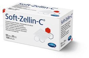 Pack of 100 soft Zellin-C medical foam sheets, 60mm x 30mm, by Careymed, showing the flexible foam material and packaging.