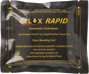 Celox Rapid haemostatic gauze in 5ft Z-Fold with packaging, designed for quick bleeding control by medical professionals.