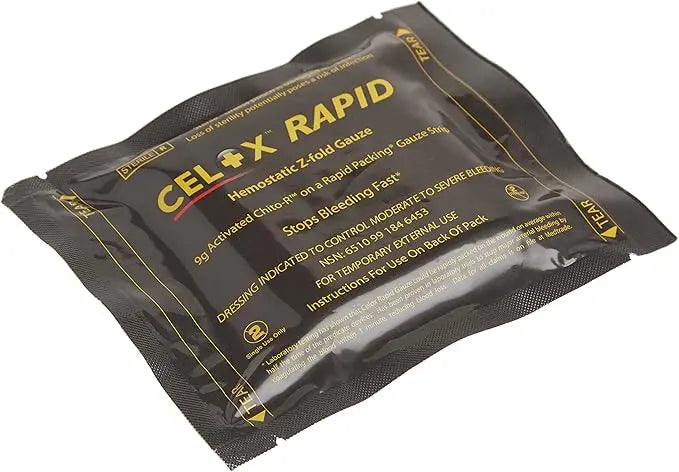 Celox Rapid Haemostatic Gauze in 5ft Z-Fold, designed for quick bleeding control, with sterile white gauze visible in the image.