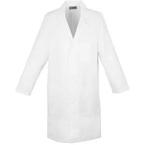 Unisex Cherokee lab coat, 40 inches long, with front pockets and button closure, suitable for medical or laboratory professionals.