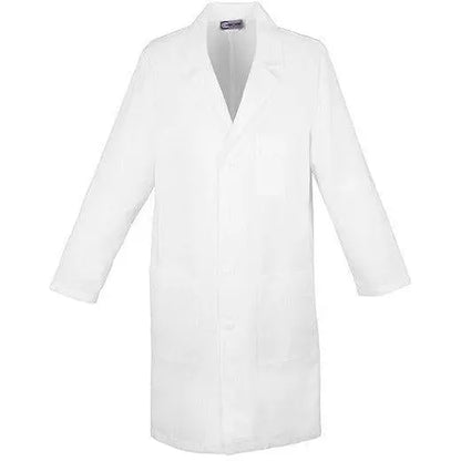 Unisex Cherokee lab coat, 40 inches long, with front pockets and button closure, suitable for medical or laboratory professionals.