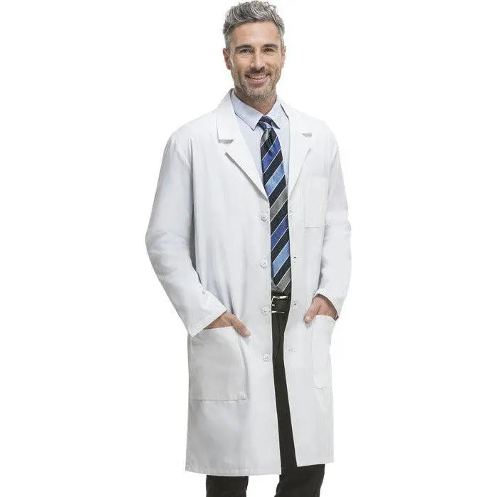 Cherokee unisex long lab coat, 40 inches, with front pockets and button closure, made of durable medical fabric.