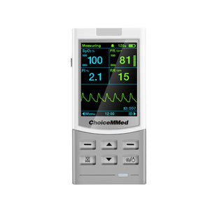 ChoiceMMed MD300MNR handheld pulse oximeter displaying oxygen saturation and respiratory rate on a digital screen.