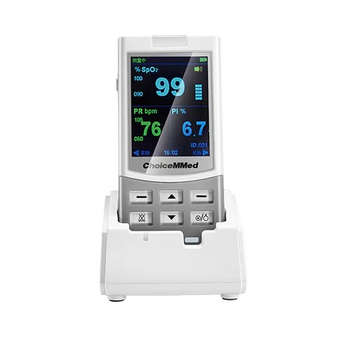 ChoiceMMed MD300MNR handheld pulse oximeter with sensor displaying oxygen saturation and respiratory rate readings.