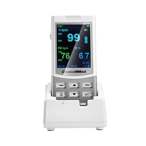ChoiceMMed MD300MNR handheld pulse oximeter with sensor displaying oxygen saturation and respiratory rate readings.