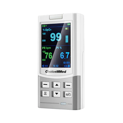 ChoiceMMed MD300MNR handheld pulse oximeter with sensor displaying oxygen saturation and respiratory rate on screen.