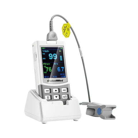 ChoiceMMed MD300MNR handheld pulse oximeter with sensor displaying oxygen saturation and respiratory rate readings.