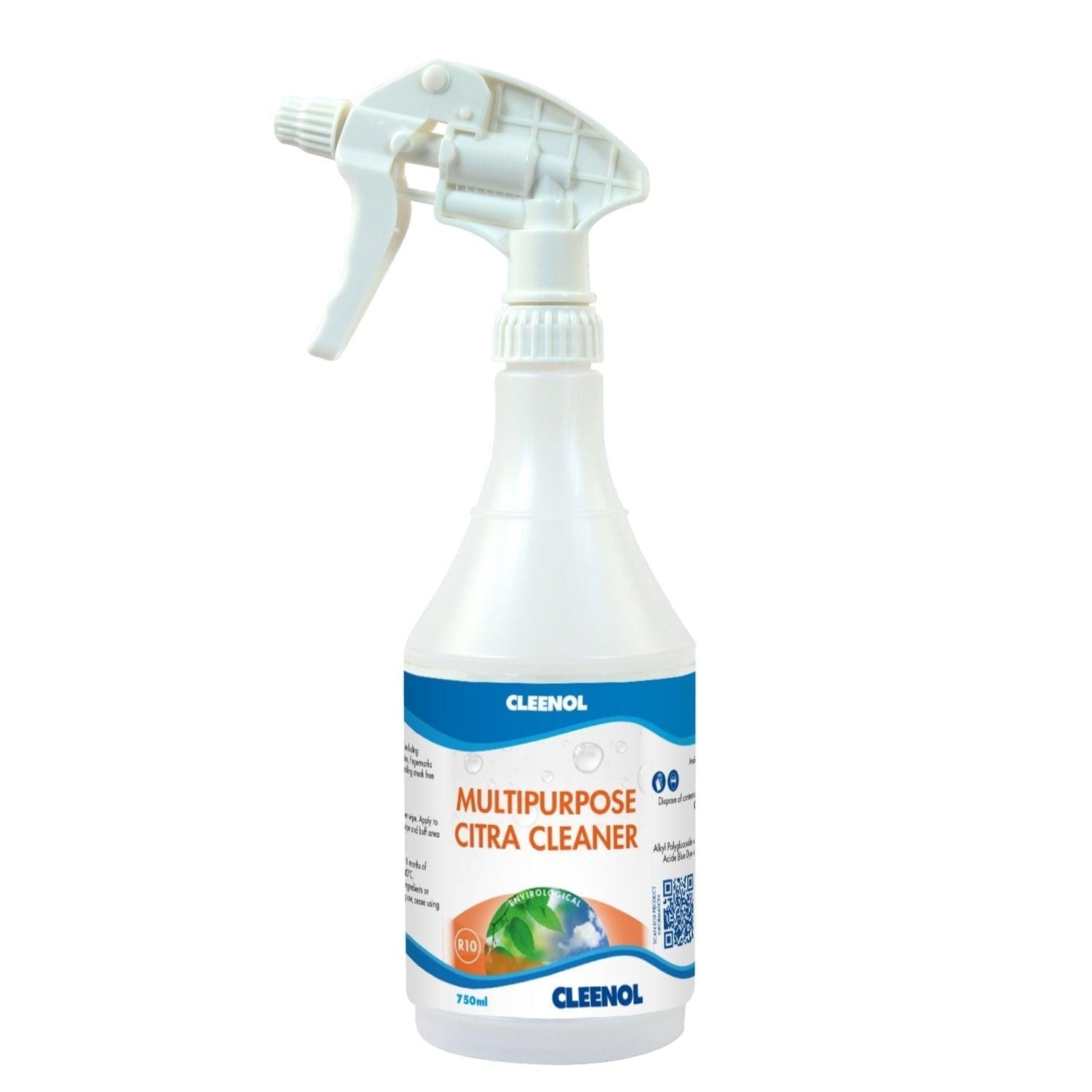 Empty Cleenol 750ml multipurpose Citra cleaner spray bottle for refilling and cleaning applications.