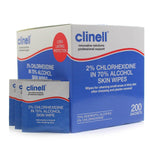 Clinell Alcoholic 2% Chlorhexidine Skin Wipes package with 200 antibacterial wipes, suitable for skin cleansing and disinfection