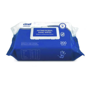 Pack of 200 Clinell antibacterial hand wipes with soft, moist cloths for hand cleaning and disinfecting.
