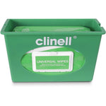 Wall-mounted Clinell Universal Wipes dispenser in green, designed for easy access and hygienic storage of disinfectant wipes.