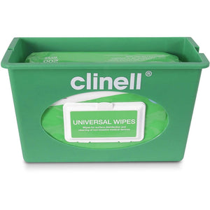 Wall-mounted Clinell Universal Wipes dispenser in green, designed for easy access and hygienic storage of disinfectant wipes.