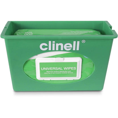 Wall-mounted Clinell Universal Wipes dispenser in green, designed for easy access and hygienic storage of disinfectant wipes.