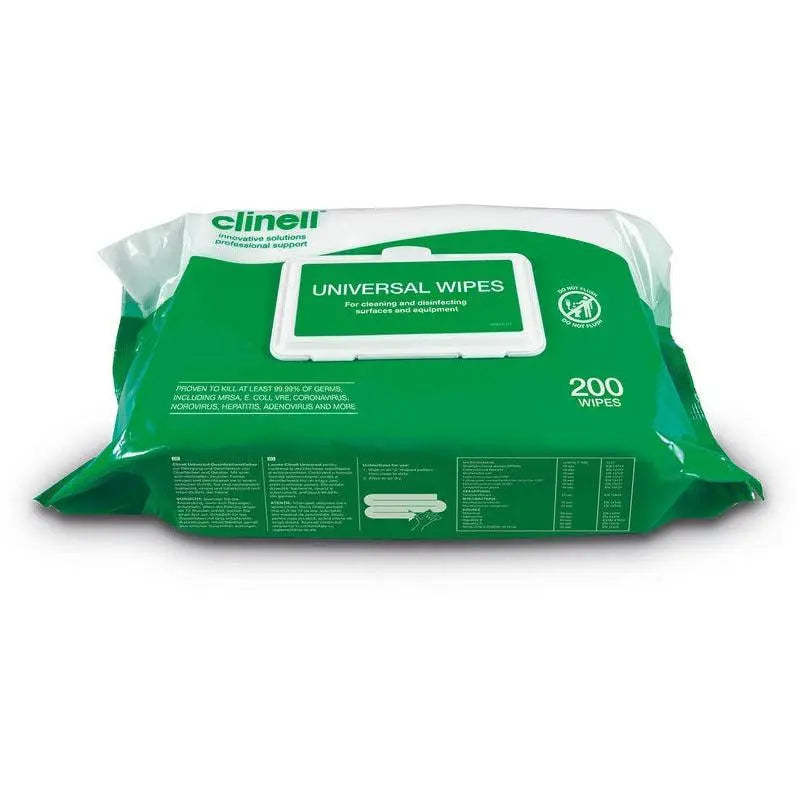 Pack of Clinell Wipes CW200 Universal Sanitising Anti-Bacterial wipes showing the resealable packet with 200 wipes inside.