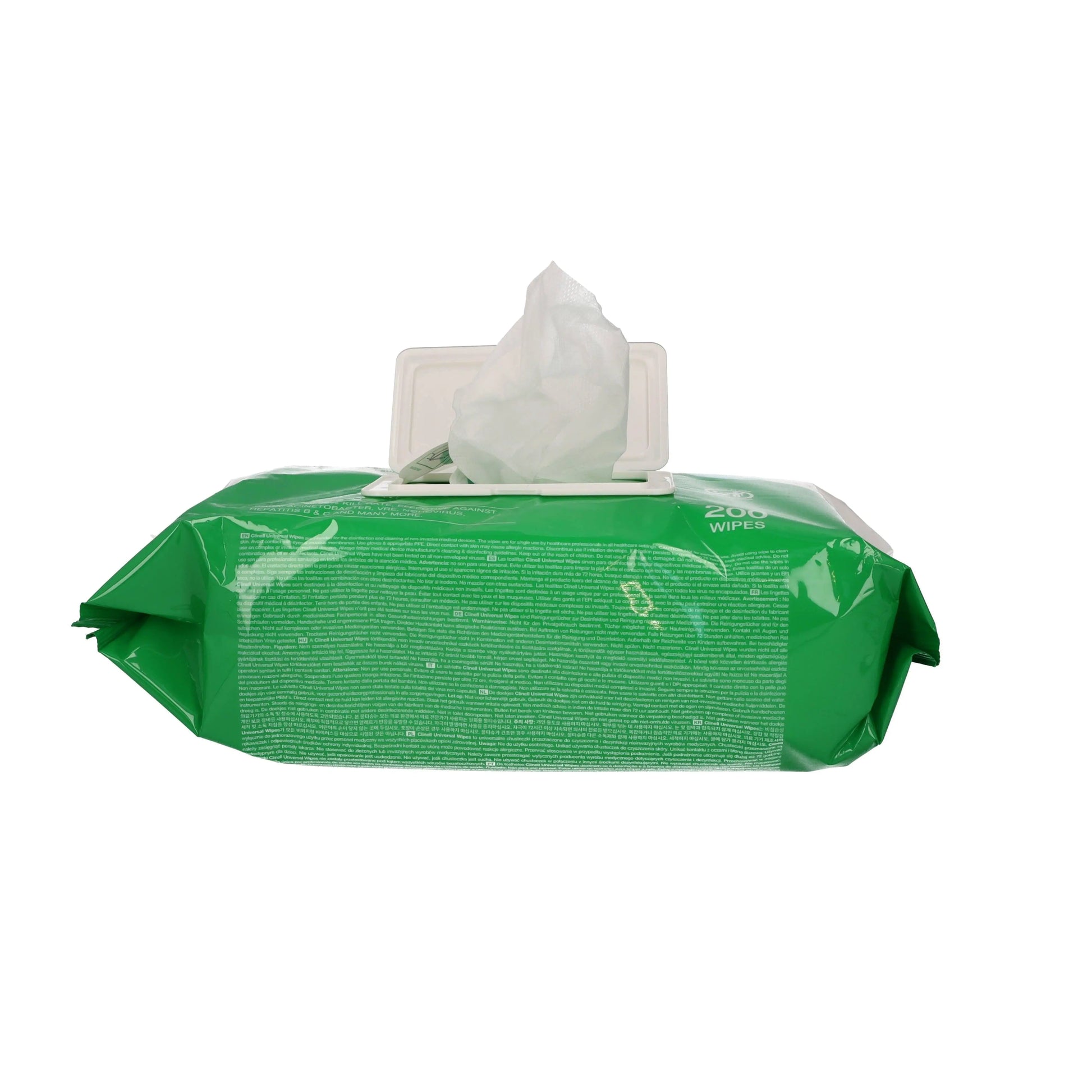 Clinell CW200 Universal Sanitising Anti-Bacterial Wipes pack with 200 wipes, featuring the product packaging and wipes inside.