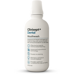 Clinisept+ dental mouthwash bottle with integrated cup, 400ml size, designed for home oral hygiene use.