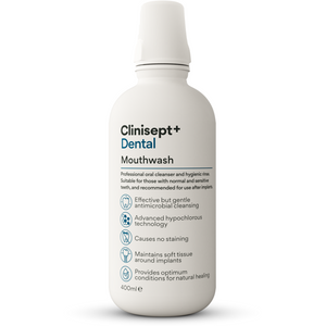Clinisept+ dental mouthwash bottle with integrated cup, 400ml size, designed for home oral hygiene use.