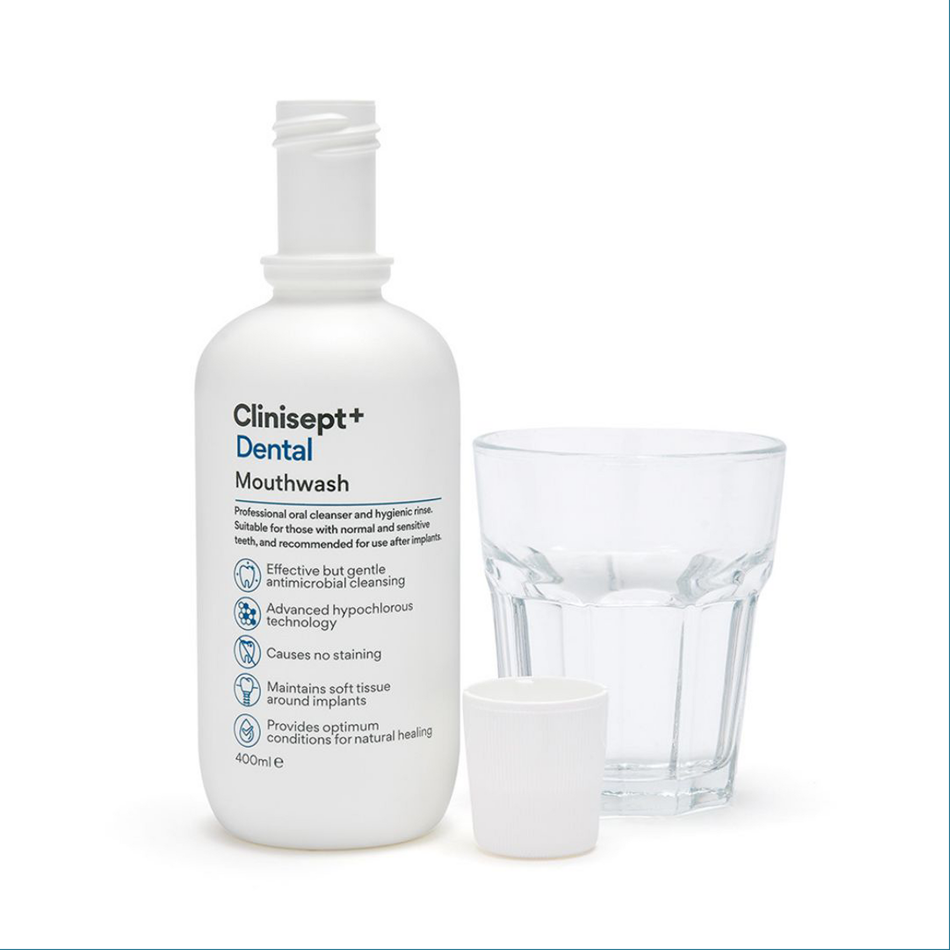 Clinisept+ dental mouthwash in a 400ml bottle with an integrated cup, designed for home oral hygiene use