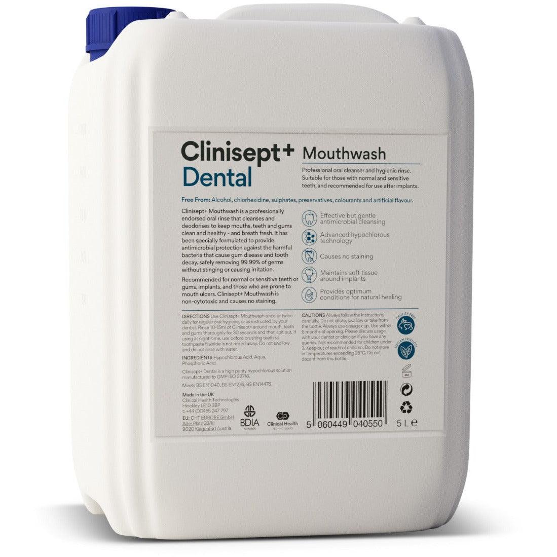 Clinisept+ dental mouthwash in a 5L container, professional-use bottle with label and dispensing cap, designed for oral hygiene.