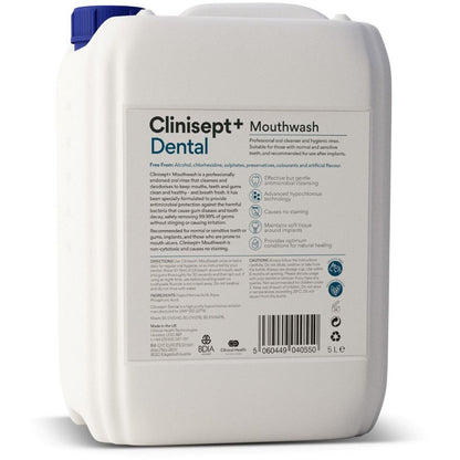 Clinisept+ dental mouthwash in a 5L container, professional-use bottle with label and dispensing cap, designed for oral hygiene.
