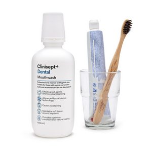 Clinisept+ dental mouthwash in a large 5L container for professional dental use, with a white and blue label.
