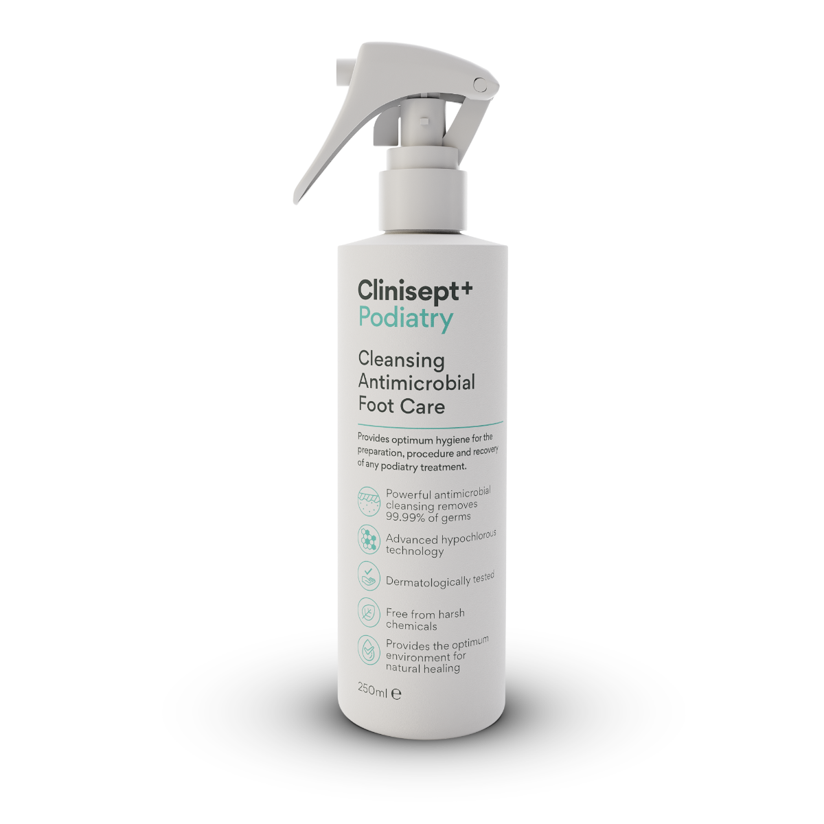 Clinisept+ Podiatry 250ml trigger spray bottle for professional and home foot care, showing the clear spray bottle with label