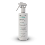 Clinisept+ Podiatry 250ml trigger spray bottle for professional and home foot care, showing the clear spray bottle with label