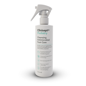 Clinisept+ Podiatry 250ml trigger spray bottle for professional and home foot care, showing the clear spray bottle with label